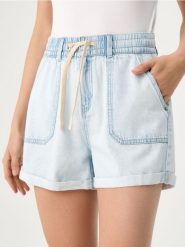 Szorty jeansowe paperbag high waist - niebieski. Niebieskie szorty damskie Sinsay, bez wzorów, z jeansu, z podwyższonym stanem. W wyprzedaży za 45.99 zł.