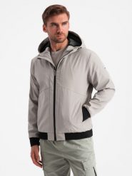 Lekka męska kurtka z siateczkową podszewką i kapturem – szara V6 OM-JANP-0149 - XXL. Szare kurtki męskie Ombre Clothing, l, z aplikacjami, z materiału. W wyprzedaży za 169.99 zł.