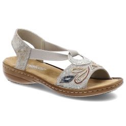 Srebrne Sandały Rieker Wsuwne Obuwie Damskie Z Eleganckimi Dodatkami. Szare sandały damskie Rieker, bez wzorów, z materiału, bez obcasa. Za 299.00 zł.