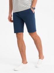 Szorty męskie SLIM FIT ze strukturalnej dzianiny – granatowe V1 OM-SRCS-0169 - XXL. Niebieskie szorty męskie Ombre Clothing, z bawełny, bez kołnierzyka. W wyprzedaży za 109.99 zł.