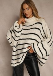 Beżowy Oversizowy Golf w Paski z Dodatkiem Wełny i Wiskozy Nezella. Brązowe golfy damskie Renee, bez wzorów, z jeansu, bez ramiączek. Za 159.99 zł.