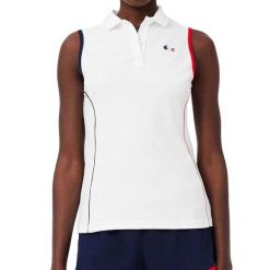 Damska koszulka polo Lacoste French Team. Białe topy sportowe damskie Lacoste, bez wzorów, z materiału, bez ramiączek. Za 433.50 zł.