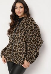 Brązowa Panterkowa Bluza z Dodatkiem Lnu o Kroju Oversize Sintirra. Brązowe bluzy bez kaptura damskie Born2be, m, z jeansu. Za 169.99 zł.