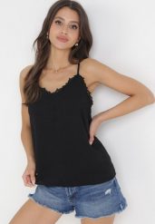 Czarna Bluzka Top z Tkaniny Plumeti i Koronką Fedora. Czarne bluzki damskie Born2be, l, bez wzorów, z koronki, bez kołnierzyka. Za 49.99 zł.