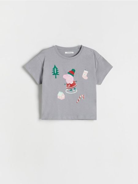 T-shirt Świnka Peppa - jasnoszary. Szare koszulki dziewczęce Reserved, m, bez wzorów, z bawełny, bez ramiączek. W wyprzedaży za 25.99 zł.