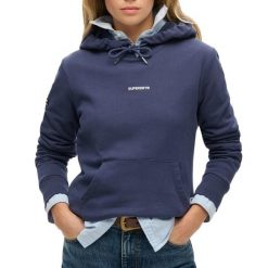 Jednokolorowa bluza z kapturem damska Superdry. Niebieskie bluzy z nadrukiem damskie Superdry., m, z bawełny. Za 317.90 zł.