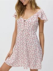 Sukienka mini z wiązaniem - złamana biel. Sukienki damskie Reserved, l, bez wzorów, z dzianiny, bez kołnierzyka, bez ramiączek, mini, rozkloszowane. Za 69.99 zł.