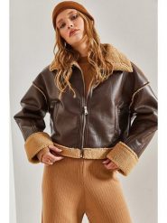 Bianco Lucci Kurtka przejściowa w kolorze ciemnobrązowym rozmiar: 36. Brązowe kurtki damskie Bianco Lucci, bez wzorów, ze skóry, bez kaptura. Za 130.99 zł.