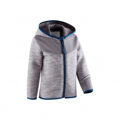 Bluza do gimnastyki 500 dla maluchów. Szare bluzy i bluzki niemowlęce DOMYOS, bez wzorów, z elastanu, bez ramiączek, z kapturem. Za 54.99 zł.