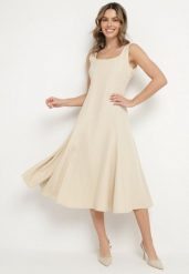 Beżowa Klasyczna Sukienka o Rozkloszowanym Kroju Delure. Brązowe sukienki damskie Born2be, l, z aplikacjami, eleganckie, bez kołnierzyka, bez ramiączek, midi, rozkloszowane. W wyprzedaży za 95.99 zł.