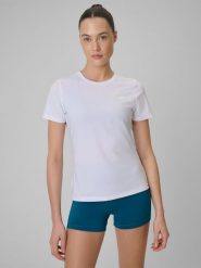 4F Koszulka treningowa regular szybkoschnąca damska - biała XXL. Białe bluzki damskie 4f, xxl, bez wzorów, bez kołnierzyka, bez ramiączek. Za 79.99 zł.