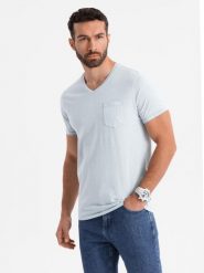 Męski bawełniany t-shirt V-neck z dzianiny z efektem sprania - szary V8 OM-TSWT-0242 - XXL. Szare t-shirty męskie Ombre Clothing, l, bez wzorów, z bawełny, bez kołnierzyka. W wyprzedaży za 39.99 zł.