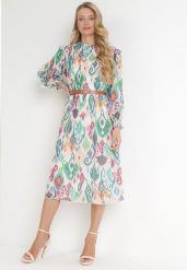 Zielona Plisowana Sukienka Midi z Paskiem Hyacida. Zielone sukienki damskie Born2be, na imprezę, l, bez wzorów, eleganckie, bez kołnierzyka, bez ramiączek, midi. W wyprzedaży za 127.99 zł.