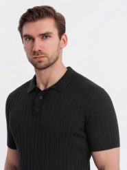 Męska koszulka polo z wiskozą SLIM FIT w pionowy prążek – czarna V1 OM-POSS-0143 - XXL. Czarne koszulki polo męskie Ombre Clothing, l, bez wzorów, z dzianiny, bez ramiączek. W wyprzedaży za 99.99 zł.