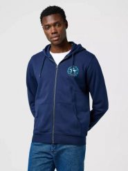 MĘSKA BLUZA WRANGLER GRAPHIC ZIP HOODIE NAVY 112371461. Niebieskie bluzy bez kaptura męskie Wrangler, l. Za 189.99 zł.