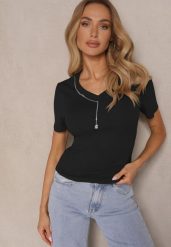 Czarny T-shirt z Bawełny z Łańcuszkiem i Marszczeniem Olisinia. Czarne t-shirty damskie Renee, m, bez wzorów, z bawełny, bez kołnierzyka. Za 39.99 zł.
