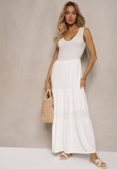 Biała Rozkloszowana Sukienka Maxi z Bawełnianej Tkaniny Galaise. Białe sukienki damskie Renee, na co dzień, na lato, l, bez wzorów, z bawełny, eleganckie, bez kołnierzyka, bez ramiączek, maxi, rozkloszowane. Za 119.99 zł.