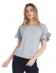 Błyszcząca damska koszulka z krótkim rękawem i falbaną. Szare bluzki sportowe damskie LEONE 1947 APPAREL, l, z bawełny, bez kołnierzyka, bez ramiączek. Za 84.16 zł.