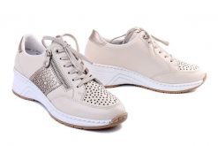 RIEKER N4344-60 beige, półbuty damskie. Brązowe półbuty damskie Rieker, bez wzorów, bez obcasa, na koturnie. Za 359.90 zł.