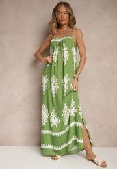 Zielona Rozkloszowana Sukienka na Ramiączkach w Ornamentalny Print Reveleine. Zielone sukienki damskie Renee, na co dzień, l, z aplikacjami, bez kołnierzyka, bez ramiączek, maxi, dopasowane. W wyprzedaży za 52.49 zł.