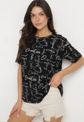 Czarny T-shirt Oversize z Bawełny Zdobiony Nadrukiem Sinelra. Czarne t-shirty damskie Born2be, m, z aplikacjami, z bawełny, bez kołnierzyka. Za 39.99 zł.