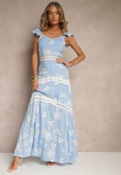 Niebieska Rozkloszowana Sukienka z Wiskozy z Haftami Lumirieve. Niebieskie sukienki damskie Renee, na co dzień, na lato, m, bez wzorów, z wiskozy, eleganckie, bez kołnierzyka, bez ramiączek, maxi, rozkloszowane. W wyprzedaży za 127.99 zł.