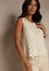 Beżowa Bluzka Ozdobiona Perełkami i Ażurowym Motywem Halenesa. Brązowe bluzki damskie Renee, z aplikacjami, z jeansu, eleganckie, bez kołnierzyka, bez ramiączek. Za 159.99 zł.