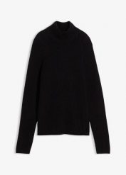 Sweter z prążkowanej dzianiny z czystej bawełny organicznej. Czarne swetry klasyczne damskie bonprix, z bawełny, bez kołnierzyka. Za 92.99 zł.