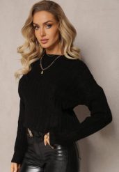 Czarny Sweter w Ozdobny Splot z Kaszmirem Habeni. Czarne swetry klasyczne damskie Renee, na zimę, l, z kaszmiru, bez kołnierzyka. Za 54.99 zł.