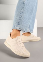 Beżowe Tenisówki z Perforowaną Cholewką Ellivene. Brązowe trampki i tenisówki damskie Renee, bez wzorów, z jeansu. Za 49.99 zł.