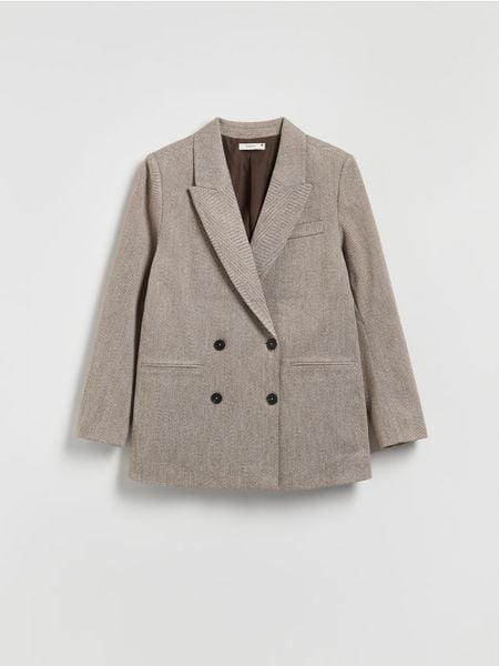 Dwurzędowa marynarka w jodełkę - brązowy. Brązowe marynarki i żakiety damskie Reserved, l, bez wzorów, z dzianiny. W wyprzedaży za 109.99 zł.