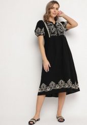 Czarna Bawełniana Sukienka Boho o Rozkloszowanym Kroju Zdobiona Haftem Lannivra. Czarne sukienki damskie Born2be, na co dzień, na lato, l, z aplikacjami, z bawełny, boho, bez kołnierzyka, bez ramiączek, midi, rozkloszowane. W wyprzedaży za 135.99 zł.