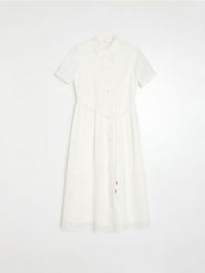 Bawełniana sukienka midi z ażurowymi detalami - biały. Białe sukienki damskie Sinsay, l, w ażurowe wzory, z bawełny, bez kołnierzyka, bez ramiączek, midi. Za 99.99 zł.