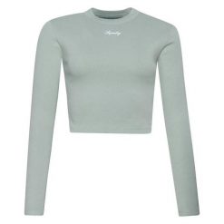 Damska koszulka z długim rękawem i haftem w prążki Superdry. Zielone t-shirty damskie Superdry., bez wzorów, prążkowane, bez kołnierzyka. W wyprzedaży za 144.25 zł.