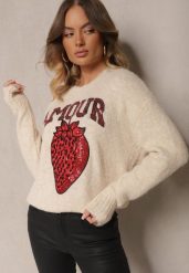 Jasnobeżowy Sweter z Dodatkiem Wełny Ozdobiony Naszywką Truskawką i Napisem Zozizelle. Brązowe swetry klasyczne damskie Renee, m, z wełny, bez kołnierzyka. Za 139.99 zł.