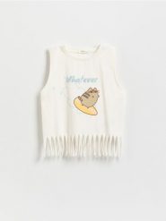 T-shirt z frędzlami Pusheen - złamana biel. Koszulki dziewczęce Reserved, bez wzorów, z bawełny, bez ramiączek. W wyprzedaży za 32.99 zł.