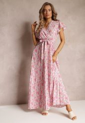 Jasnoróżowa Plisowana Sukienka Maxi w Kwiatki z Gumką w Talii Ikama. Czerwone sukienki damskie Renee, l, bez wzorów, z materiału, bez kołnierzyka, bez ramiączek, maxi. W wyprzedaży za 62.99 zł.