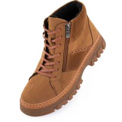 Damskie Zimowe Botki Skórzane Nell 207 Kokosowy Brąz. Brązowe trapery damskie ENELL, bez obcasa. Za 346.99 zł.