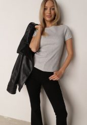 Szary Dopasowany T-shirt z Prążkowanej Tkaniny z Bawełny Acalenos. Szare t-shirty damskie Born2be, m, bez wzorów, z bawełny, bez kołnierzyka. Za 39.99 zł.