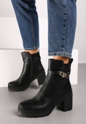 Czarne Botki na Obcasie z Metaliczną Klamrą Askila. Czarne botki damskie Born2be, na jesień, z jeansu, eleganckie, bez obcasa, na obcasie, bez zapięcia. Za 159.99 zł.