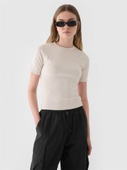 4F T-shirt slim crop-top gładki damski - beżowy S. Brązowe t-shirty damskie 4f, s, bez wzorów, z dzianiny, bez kołnierzyka. W wyprzedaży za 29.99 zł.