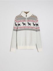 Sweter z rozpinanym golfem - złamana biel. Swetry męskie Reserved, l, bez wzorów, z bawełny, bez kołnierzyka. W wyprzedaży za 49.99 zł.