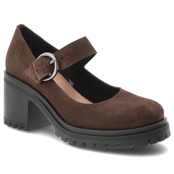 Półbuty damskie Armdo, na masywnym obcasie z okrągłym noskiem skórzane i zapinane sprzączką, czekoladowe, 20166-W-Czekolada-Cn. Brązowe półbuty damskie Armodo, bez wzorów, z weluru, eleganckie, z okrągłym noskiem, bez obcasa, na słupku. Za 297.99 zł.