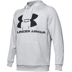 Bluza treningowa męska Under Armour Rival Fleece Logo Hoodie. Szare bluzy bez kaptura męskie Under Armour, bez wzorów, sportowe, bez kołnierzyka, bez ramiączek. Za 99.09 zł.