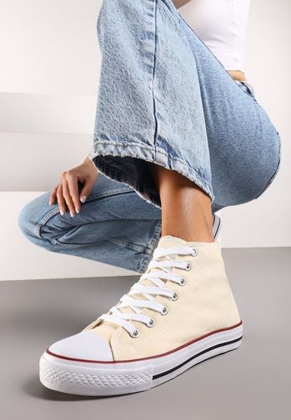 Jasnobeżowe Casualowe Sznurowane Trampki z Wysoką Cholewką Irmagia. Brązowe trampki i tenisówki damskie Renee, bez wzorów, z jeansu, przed kolano. Za 19.99 zł.