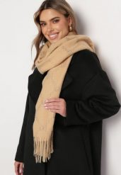 Beżowy Wełniany Szalik z Frędzlami Diethild. Brązowe szaliki i kominy damskie Born2be, bez wzorów, z wełny. Za 49.99 zł.