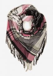 Szaro-Różowy Kraciasty Szalik z Wiskozy i Bawełny z Frędzlami Relavis. Szare szaliki i kominy damskie Renee, na zimę, bez wzorów, z bawełny. Za 49.99 zł.