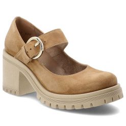 Półbuty damskie Armodo, cholewka ze skóry naturalnej zamszowej pasek z regulacją na metalową klamrę zabudowany przód na wysokim obcasie, brązowe, 201. Brązowe półbuty damskie Armodo, bez wzorów, ze skóry, bez obcasa. Za 359.00 zł.