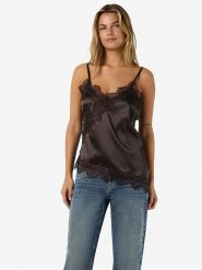 Noisy may Top "Sofie" w kolorze ciemnobrązowym rozmiar: L. Brązowe topy damskie Noisy may, l, bez wzorów, z koronki, z asymetrycznym kołnierzem. Za 104.99 zł.