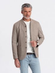 Stylowa marynarka męska bez klap - jasnobrązowa V2 - Rozmiar: L. Brązowe marynarki męskie Ombre Clothing, bez wzorów, z materiału. W wyprzedaży za 149.99 zł.